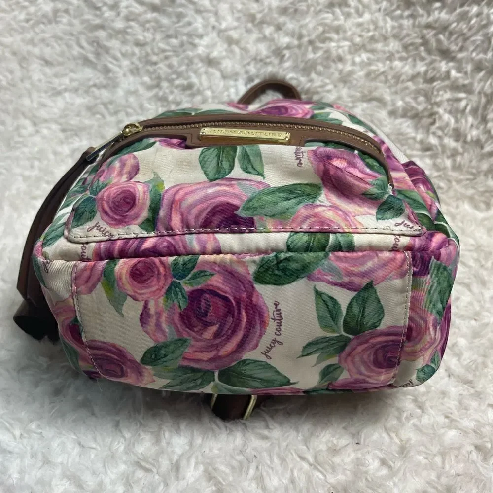 Juicy Couture Nylon mauve roses and green leaf prints mini backpack brown trims.